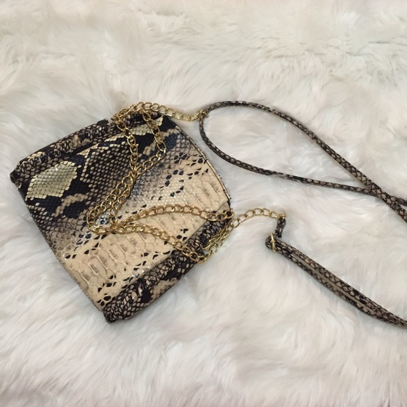 Snakeskin crossbody w/ gold chain accents